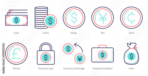 A set of 10 business icons as cash, coins, dollar