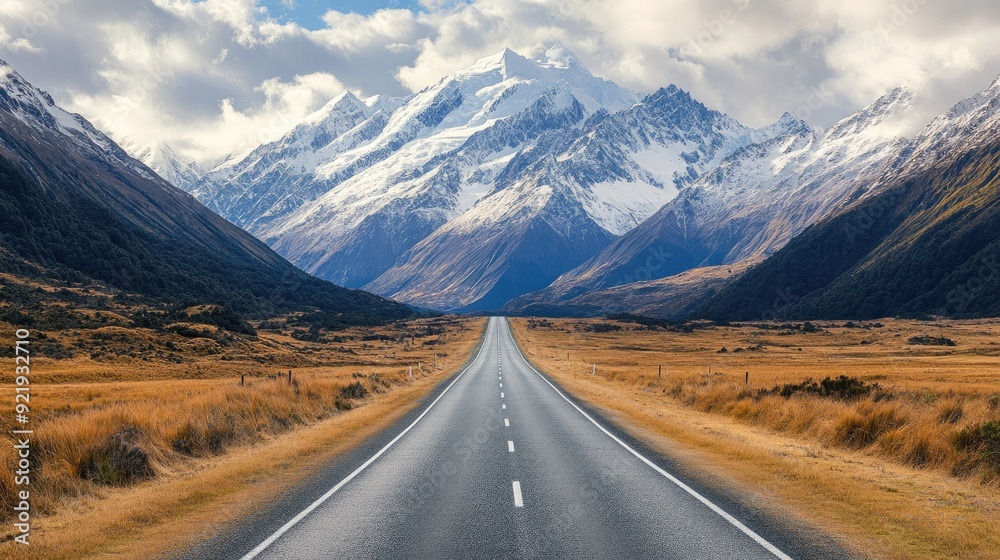 Scenic view of a long, straight road leading towards majestic mountains. Perfect for journey and travel themes Scenic view of a long, straight road leading towards majestic mountains. Perfect for journey and travel themes