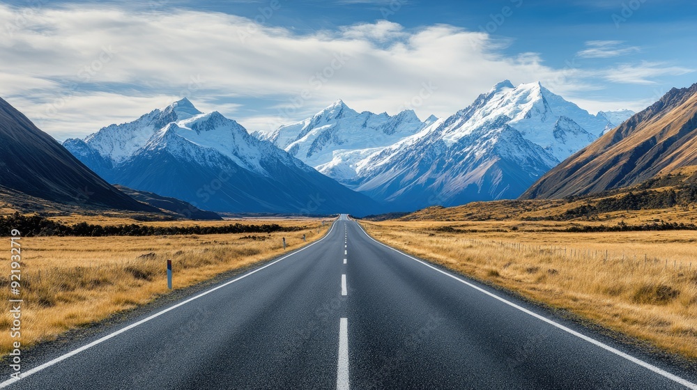 Fototapeta premium Scenic view of a long, straight road leading towards majestic mountains. Perfect for journey and travel themes