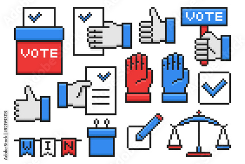 Voting and Election Set in Pixel Style. Vote, debate, ballot box, hand and other. Vector illustration