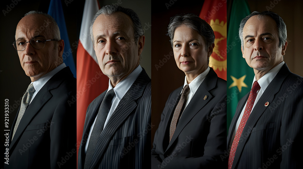 A series of close-up portraits of diplomats and peace negotiators, with serious, contemplative expressions, captured against flags or symbolic backgrounds.
A series of close-up portraits of diplomats and peace negotiators, with serious, contemplative expressions, captured against flags or symbolic backgrounds.