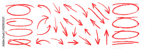 Red charcoal  arrows and ovals strokes. Set of design elements on white background. Rough charcoal arrows with circles. Brush elements for notes and underlining in text