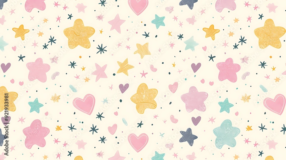 A whimsical pattern featuring soft pastel colors like pink, lavender, and mint, with playful shapes like stars, hearts, and clouds on a light background. Delicate hues, dreamy and light, hd quality, A whimsical pattern featuring soft pastel colors like pink, lavender, and mint, with playful shapes like stars, hearts, and clouds on a light background. Delicate hues, dreamy and light, hd quality,