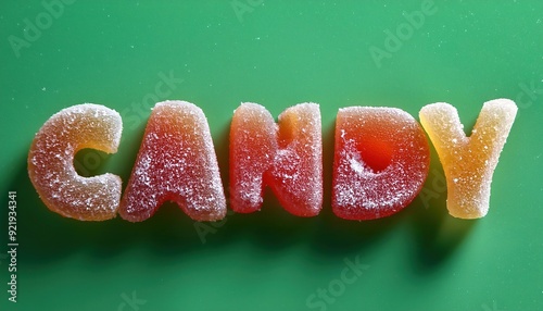 Candy 3D Text gummy candy with suger, sugar texture, isolated on green background