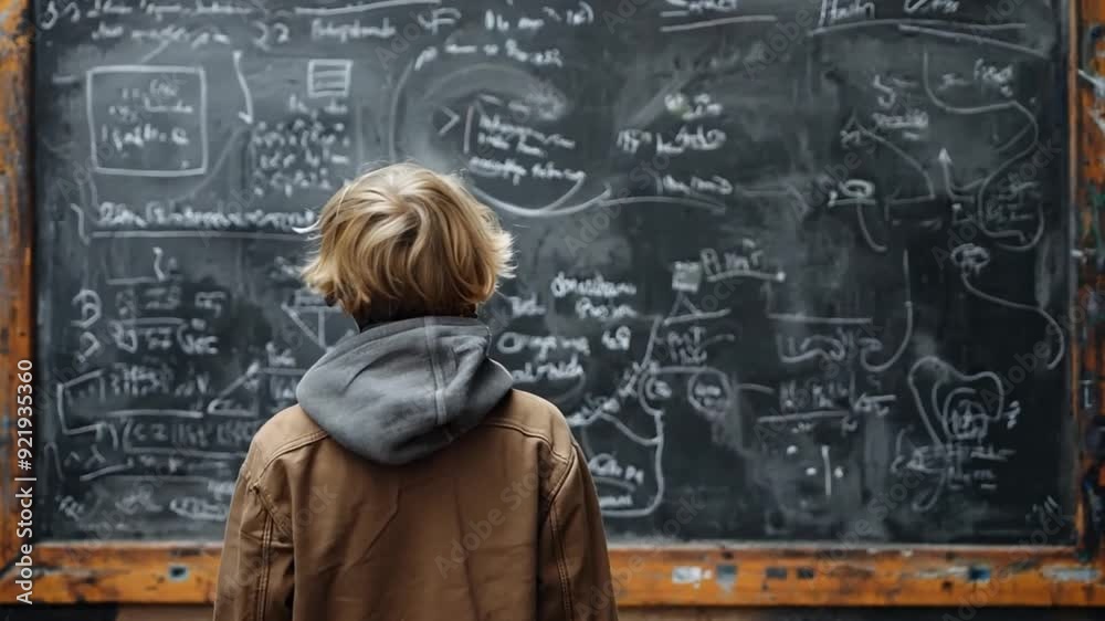 A child contemplates complex equations on a chalkboard in an abandoned classroom setting A child contemplates complex equations on a chalkboard in an abandoned classroom setting
