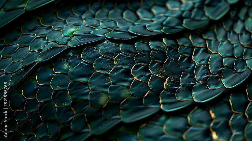 Fototapeta premium An abstract snake print design with intricate scales in shades of green and black, creating a stylish and exotic pattern. High contrast, detailed texture, hd quality, unique and bold. --ar 16:9 --v 6.