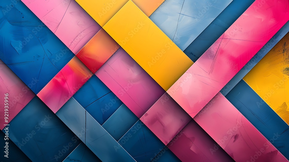 Fototapeta premium An artistic abstract design with bold geometric shapes in bright hues of blue, pink, and yellow, featuring clean lines and sharp contrasts. High contrast, vivid colors, hd quality,