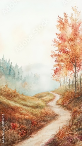 Serene autumn landscape with a winding path through golden fields and colorful trees, surrounded by misty mountains in the background.