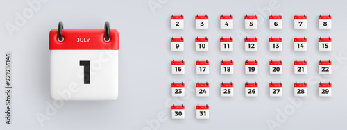 3D calendar icon with date from 1 to 31 of July on gray background. Vector schedule symbol collection.