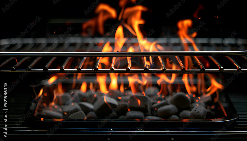 Hot empty portable barbecue BBQ grill with flaming fire and ember charcoal on black background. Waiting for the placement of your food. Close up Hot empty portable barbecue BBQ grill with flaming fire and ember charcoal on black background. Waiting for the placement of your food. Close up