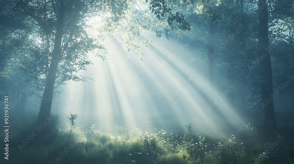 Sunbeams dance through mist-kissed trees in a vibrant morning forest Sunbeams dance through mist-kissed trees in a vibrant morning forest
