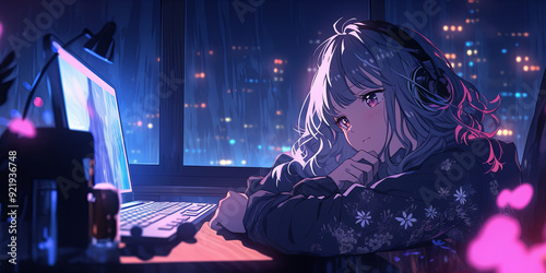 Anime girl with headphones, resting her head on her hand while sitting at a desk with a computer. The scene is set at night, with city lights through the window. The ambiance is calm and reflective