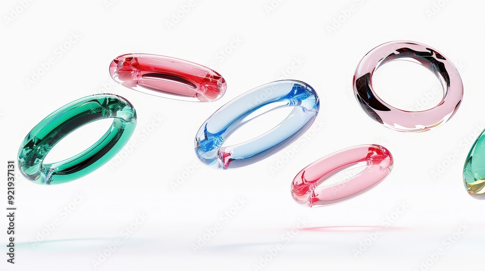 Ethereal Glass Rings Floating in Space with Colorful Reflections on White Background Ethereal Glass Rings Floating in Space with Colorful Reflections on White Background