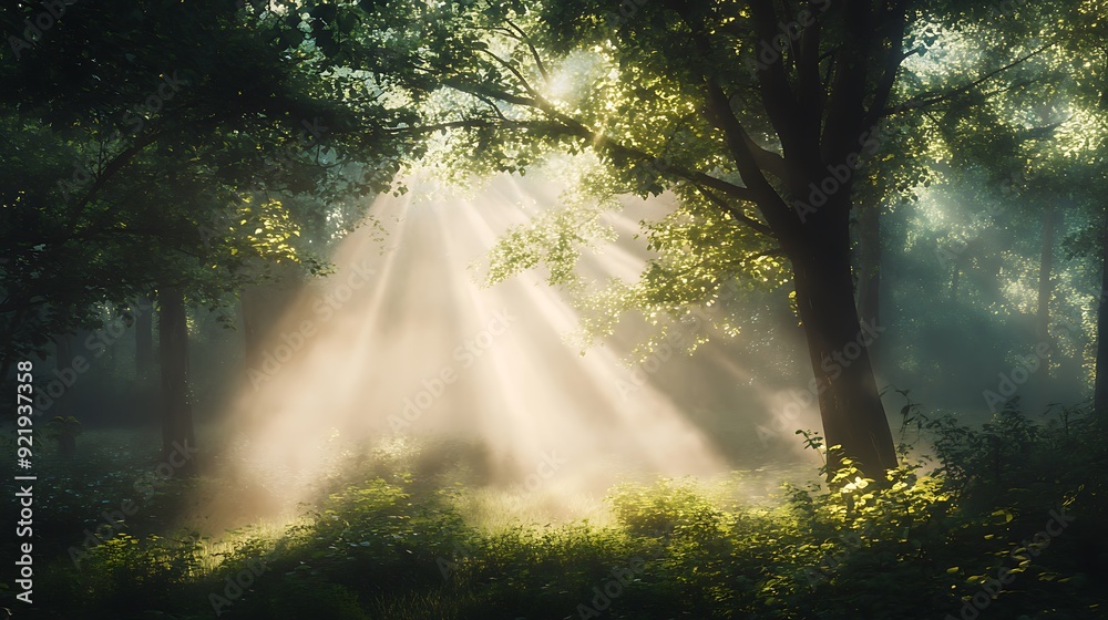 Sunbeams dance through mist-kissed trees in a vibrant morning forest Sunbeams dance through mist-kissed trees in a vibrant morning forest