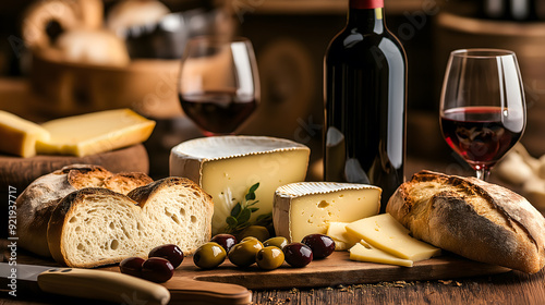 Rustic Wooden Table Set with Freshly Baked Bread, Cheese, Olives, and Red Wine in a Cozy Kitchen Setting