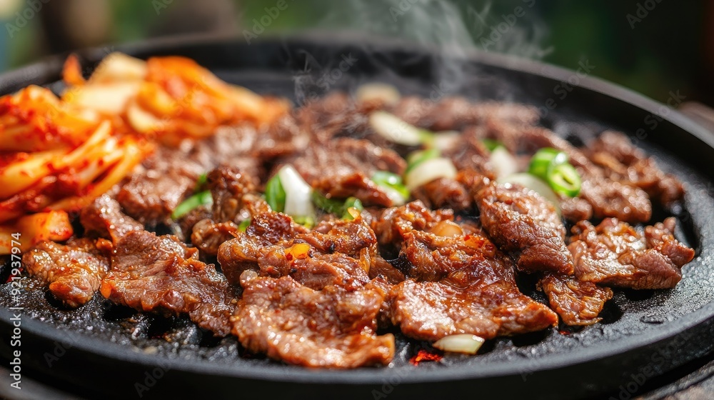 Traditional Korean bulgogi on a sizzling grill with a side of kimchi. Perfect for food blogs and menus Traditional Korean bulgogi on a sizzling grill with a side of kimchi. Perfect for food blogs and menus