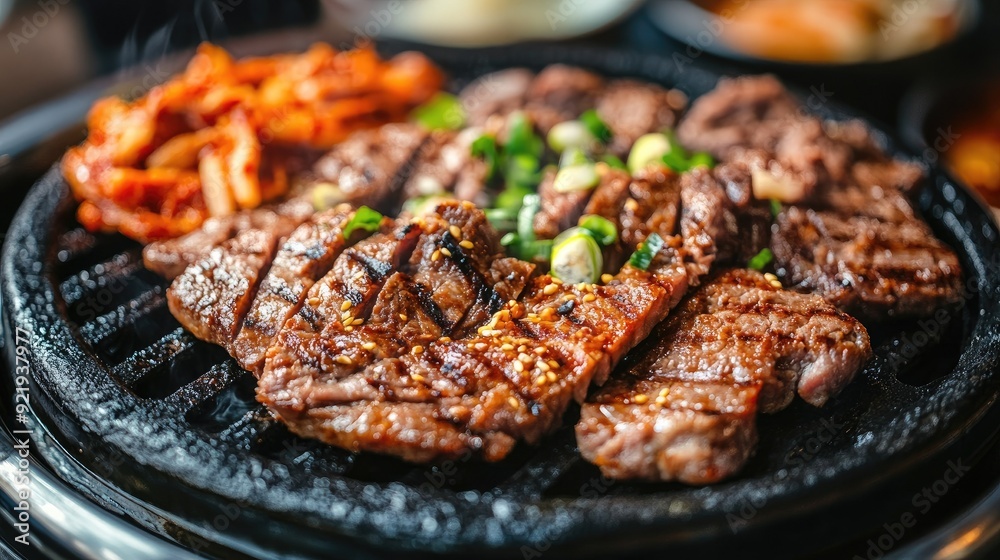 Traditional Korean bulgogi on a sizzling grill with a side of kimchi ...