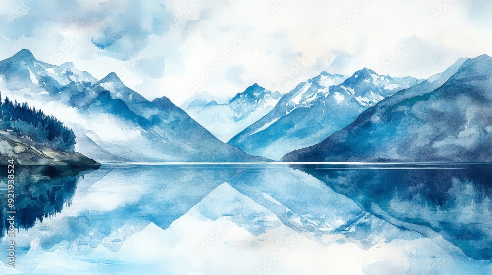 Fototapeta premium Serene mountain landscape with snowy peaks and calm reflective lake, watercolor painting, capturing natural beauty and tranquil ambiance.