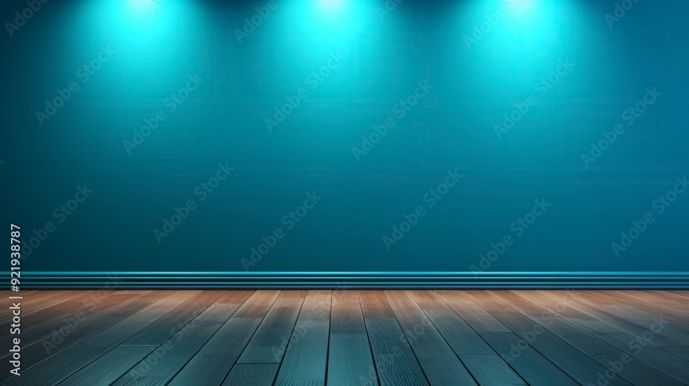 A minimalist interior space with a wooden floor and softly lit blue walls. A minimalist interior space with a wooden floor and softly lit blue walls.