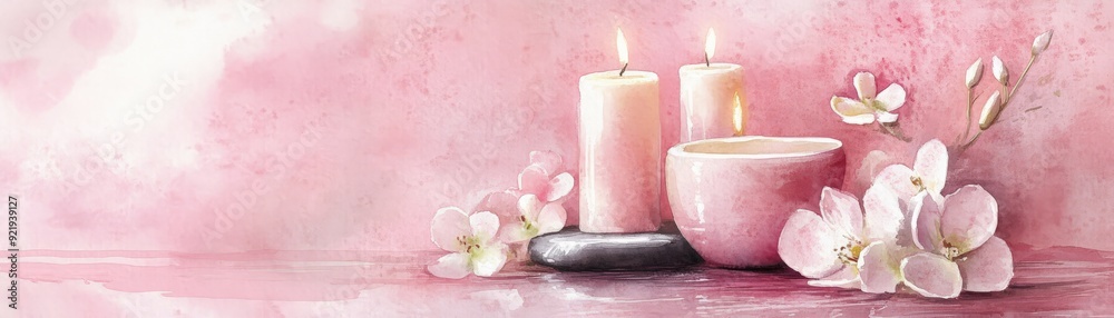 Serene spa scene with white candles, pink bowl, and delicate flowers on a soft pink textured background. Relaxation and wellness concept. Serene spa scene with white candles, pink bowl, and delicate flowers on a soft pink textured background. Relaxation and wellness concept.