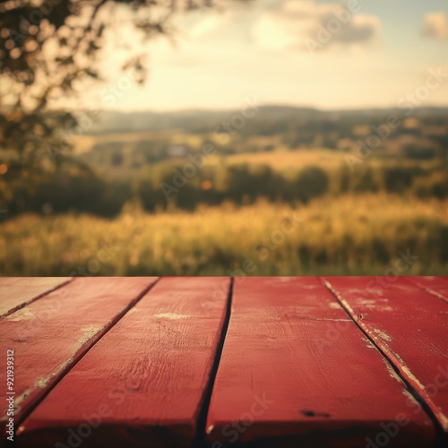 Warmtoned red table surface with a softly blurred countryside view, perfect for ruralthemed photography, warm red table, blurred countryside background, rustic photo