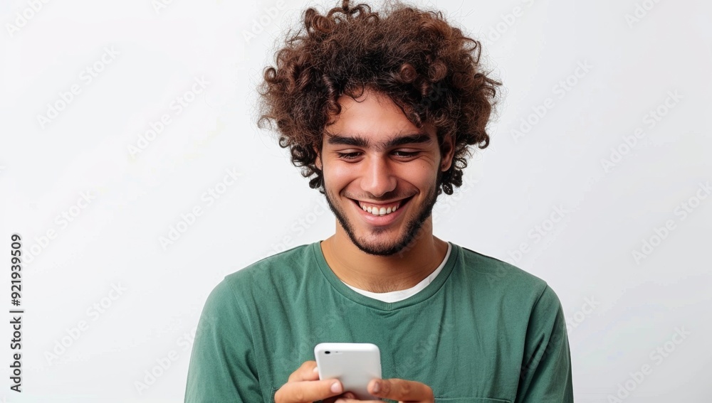 A man is smiling while holding a cell phone A man is smiling while holding a cell phone