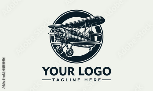 Vintage biplane with propeller is a classic vector logo suitable for aviationthemed designs and historical publications. photo