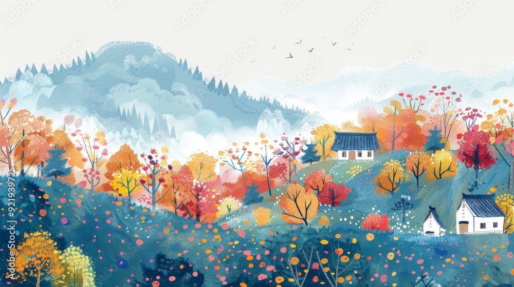 Fototapeta premium A serene landscape featuring colorful autumn trees, rolling hills, and quaint houses.