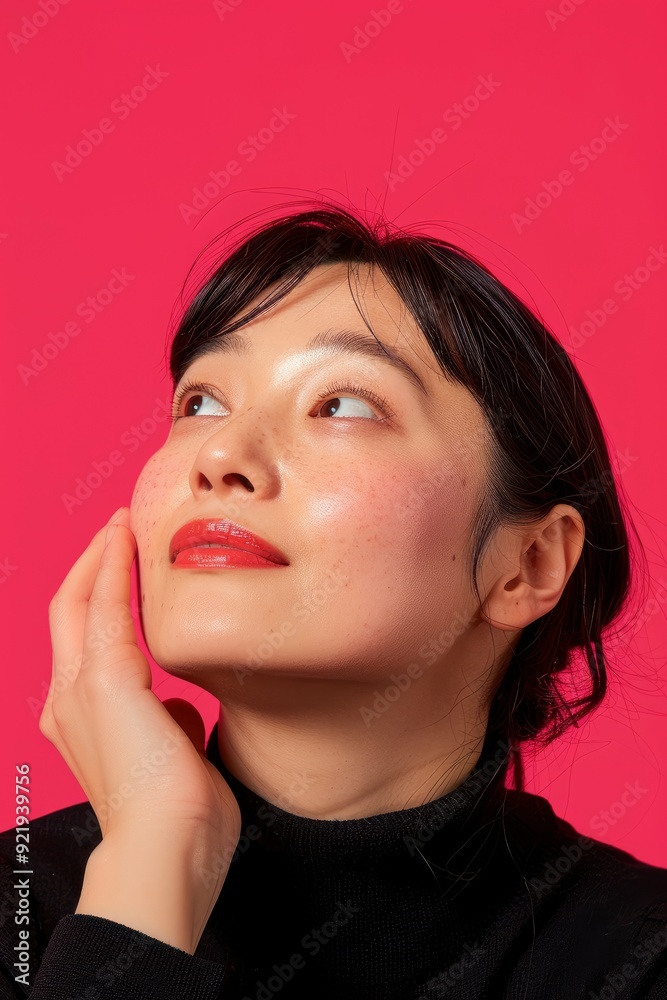 Searching Concept: An Asian Woman Looking Far Away With Her Hand On Her Head, Studio Shot Isolated Against A Pink Background, Looking Happy With Copy Space Searching Concept: An Asian Woman Looking Far Away With Her Hand On Her Head, Studio Shot Isolated Against A Pink Background, Looking Happy With Copy Space