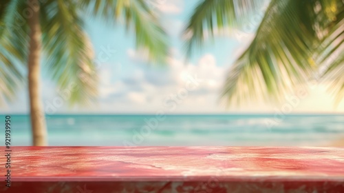 Vibrant red countertop with a softly blurred tropical beach scene, great for vacationthemed designs, vibrant red countertop, blurred tropical background, vacation photo