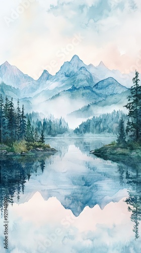 Serene watercolor landscape depicting misty mountains, reflective lake, and evergreen forest, capturing nature's tranquil beauty.