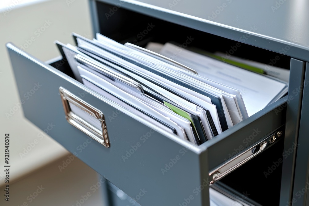A modern office drawer filled with organized documents and files, showcasing a tidy workspace for productivity. A modern office drawer filled with organized documents and files, showcasing a tidy workspace for productivity.