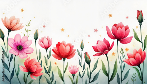 Watercolor Floral Illustration with Red and Pink Flowers, Spring-Themed Design