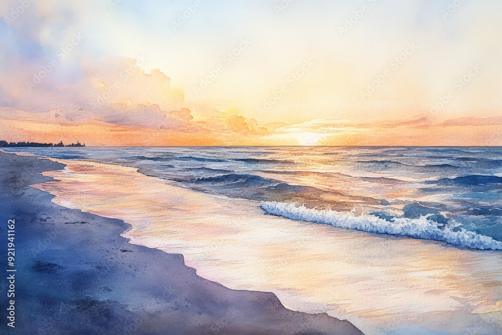 Fototapeta premium Serene watercolor painting of a beach at sunset with gentle waves and a colorful sky. Ideal for tranquil and nature-inspired themes.