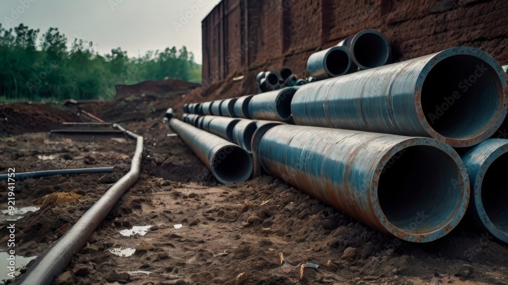 Blue pipes in the ground at a construction site Blue pipes in the ground at a construction site