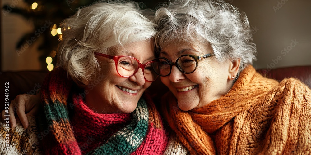 Christmas Cheer in Golden Years: Joyous senior friends embrace the festive spirit, their laughter echoing under a twinkling Christmas lights. Christmas Cheer in Golden Years: Joyous senior friends embrace the festive spirit, their laughter echoing under a twinkling Christmas lights.