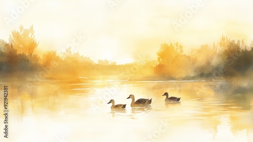 Serene watercolor painting of ducks swimming on a calm lake at sunrise, surrounded by mist and golden light.