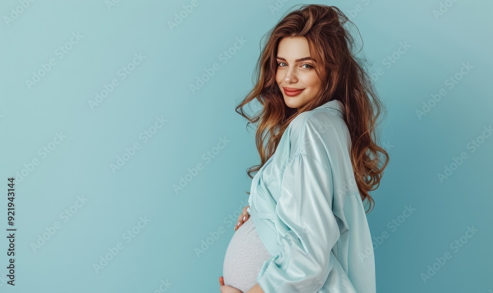 Happy pregnant woman on light blue background Happy pregnant woman on light blue background