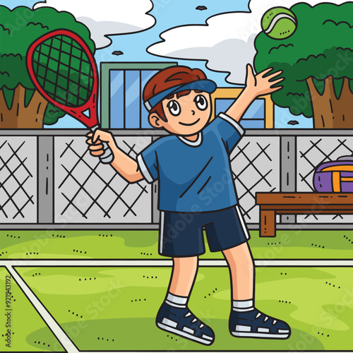 Tennis Player Tossing a Ball Colored Cartoon 