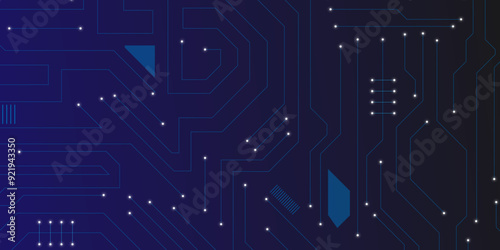 Glowing light blue neon AI chip with thin circuit contact lines. Technology lines circuit and dots on blue background, circuit board network connection.