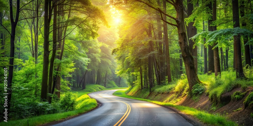 Obraz premium A tranquil road winding through a lush forest scenery