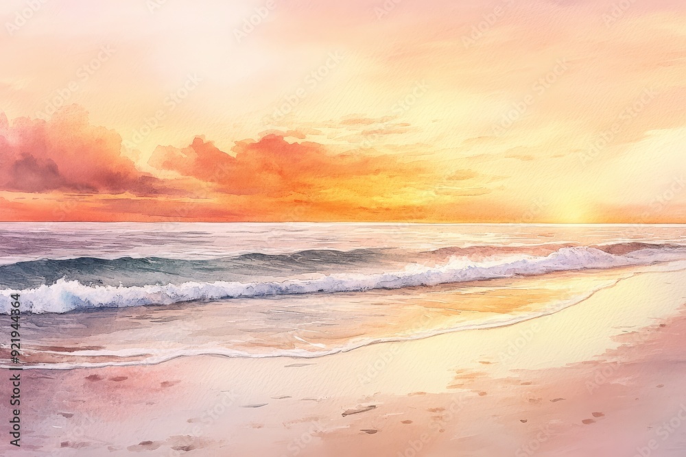 Stunning sunset over ocean waves gently crashing on a serene beach with vivid colors in the sky, creating a peaceful, calming coastal scene. Stunning sunset over ocean waves gently crashing on a serene beach with vivid colors in the sky, creating a peaceful, calming coastal scene.