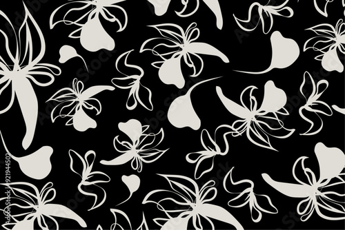 Black and white flower pattern design for fabric and clothes textile.  soft white abstract flowers contrast sharply against a black background
