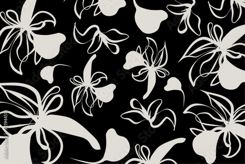 A soft white abstract flowers contrast sharply against a black background. This creates a striking. with Dark monochromatic floral pattern vector and illustration