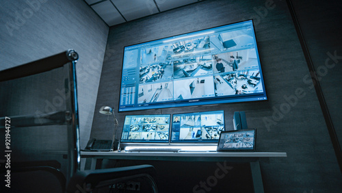 Surveillance video footage from the security cameras in office displayed on computer monitors, tablet display and big digital screen in dark modern monitoring center. Workplace for CCTV operator.