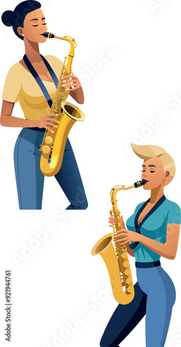 Female saxophonist playing her instrument with eyes closed-