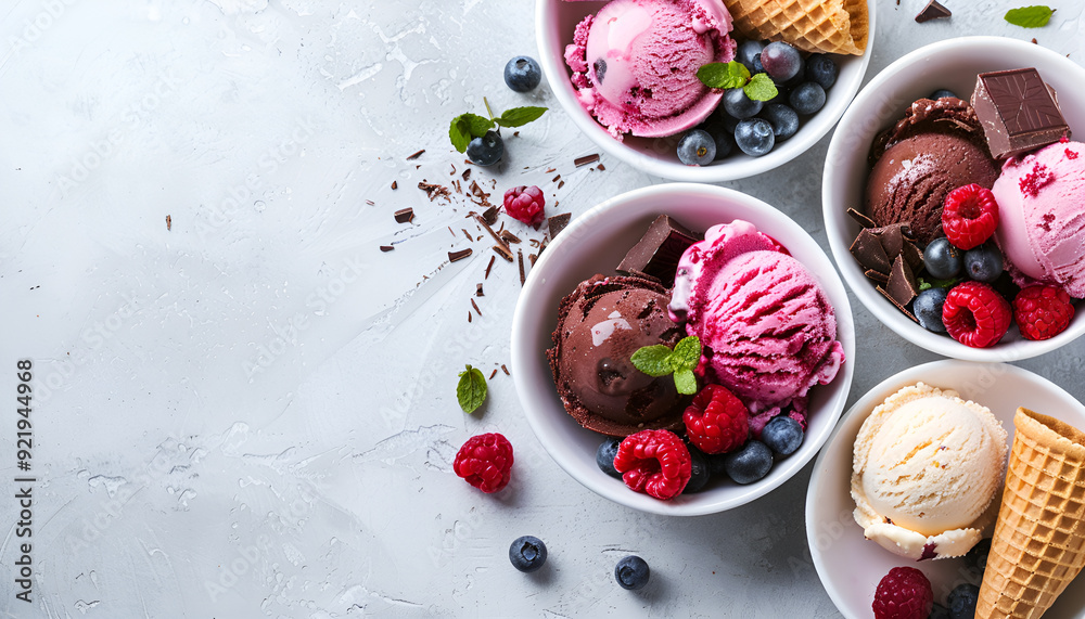 Homemade berries ice cream with chocolate pieces and shavings, and ice cream cones. In small white bowls on white grey stone table copy space Homemade berries ice cream with chocolate pieces and shavings, and ice cream cones. In small white bowls on white grey stone table copy space