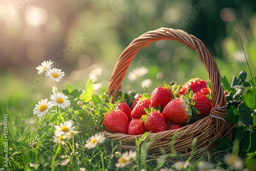 The basket of fresh strawberries lying in the grass, daisies blooming nearby, summer harvest conceptfresh strawberries, summer harvest, basket in grass, blooming daisies, ripe berries, natural setting photo