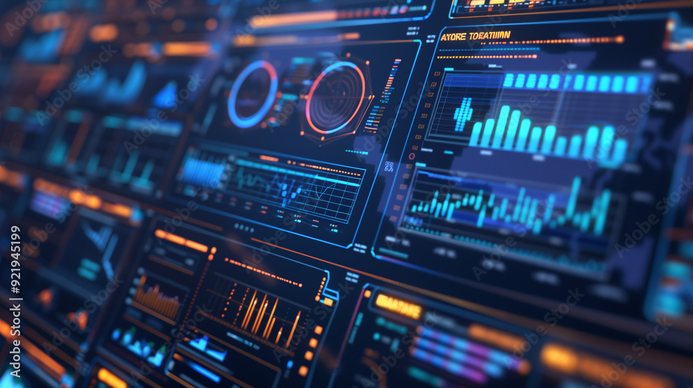 Fototapeta premium complex cybersecurity analytics, including graphs, heatmaps, and threat analysis charts. Use a high-tech interface to convey the depth of data analysis.
