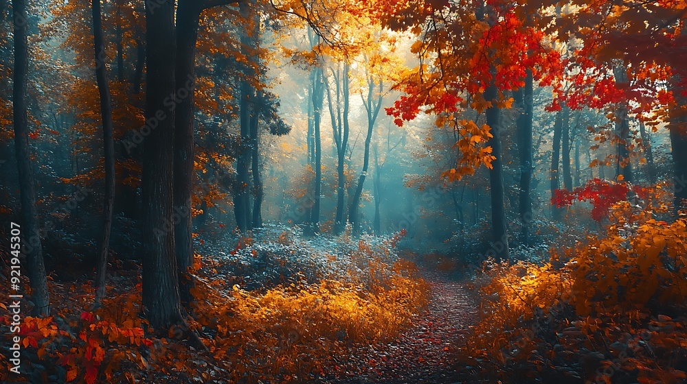 Fototapeta premium Sun-drenched autumn forest path, golden leaves carpet vibrant woods